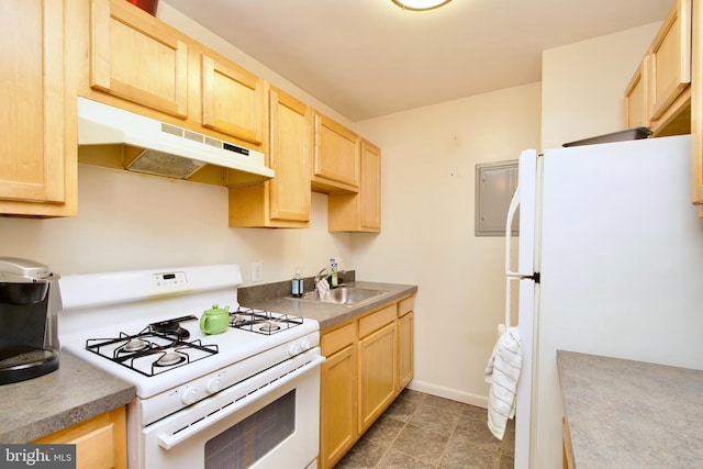 2845 Denver St SE Unit 204, Washington, DC 20020 - kitchen with a sink, light brown cabinets, baseboards, white appliances, and under cabinet range hood