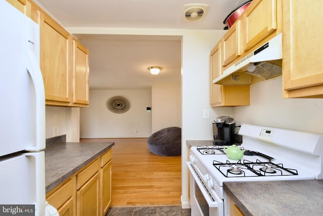 2845 Denver St SE Unit 204, Washington, DC 20020 - kitchen featuring white appliances, visible vents, under cabinet range hood, light brown cabinetry, and dark countertops
