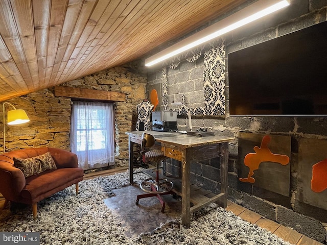office featuring wooden ceiling, wood finished floors, and vaulted ceiling