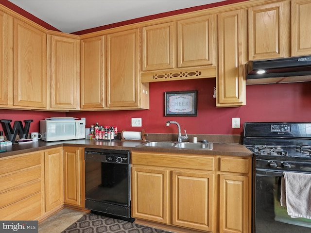 104 Panmure, Stephens City, VA 22655 - kitchen with black appliances, under cabinet range hood, a sink, and dark countertops