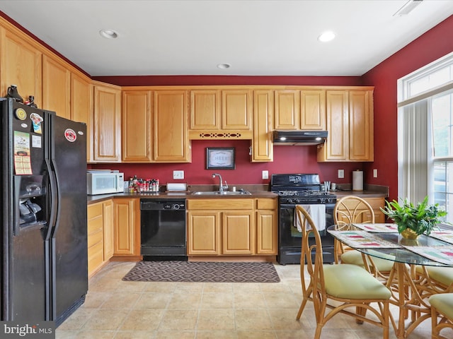 104 Panmure, Stephens City, VA 22655 - kitchen with black appliances, a sink, under cabinet range hood, recessed lighting, and dark countertops