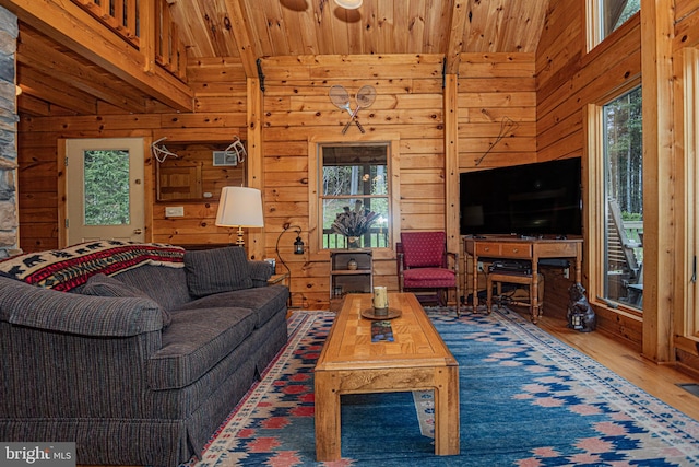 living area featuring wooden ceiling, lofted ceiling, wood walls, and wood finished floors