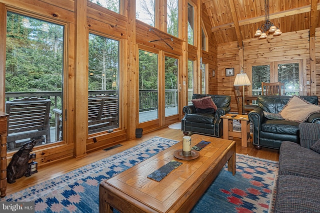 living area featuring wooden ceiling, a wealth of natural light, high vaulted ceiling, and visible vents