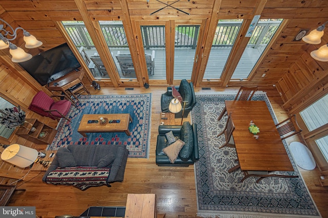 living room featuring wood walls and wood-type flooring