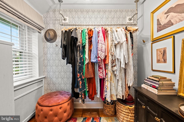 spacious closet featuring lofted ceiling and wood finished floors