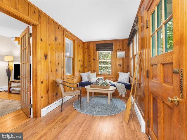 206 Shiley St, Annapolis, MD 21401 - living area featuring baseboard heating, light wood-style flooring, and wood walls