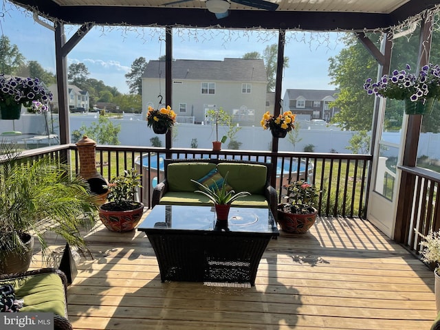5971 Schooner Cir, King George, VA 22485 - wooden terrace featuring a fenced backyard and ceiling fan