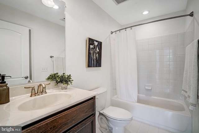 full bathroom with toilet, shower / bath combo, vanity, tile patterned flooring, and recessed lighting