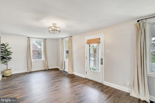 foyer with baseboards, a wealth of natural light, a chandelier, and dark wood-style flooring