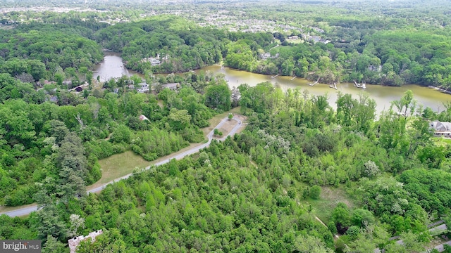 drone / aerial view with a water view and a forest view