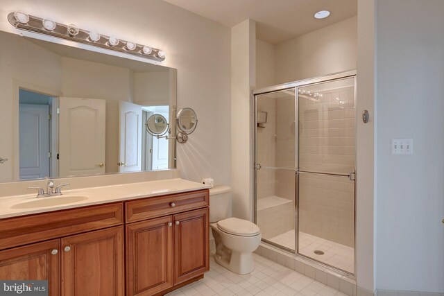 full bath featuring a shower stall, tile patterned flooring, toilet, and vanity