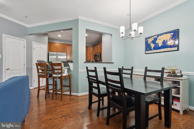 108 Mountain Creek Cir, Frederick, MD 21702 - dining room featuring a chandelier, ornamental molding, dark wood-style floors, baseboards, and recessed lighting