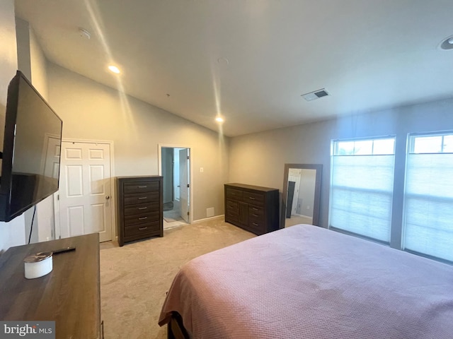 1716 Sunningdale Ln, Hanover, MD 21076 - bedroom featuring light carpet, lofted ceiling, recessed lighting, and connected bathroom