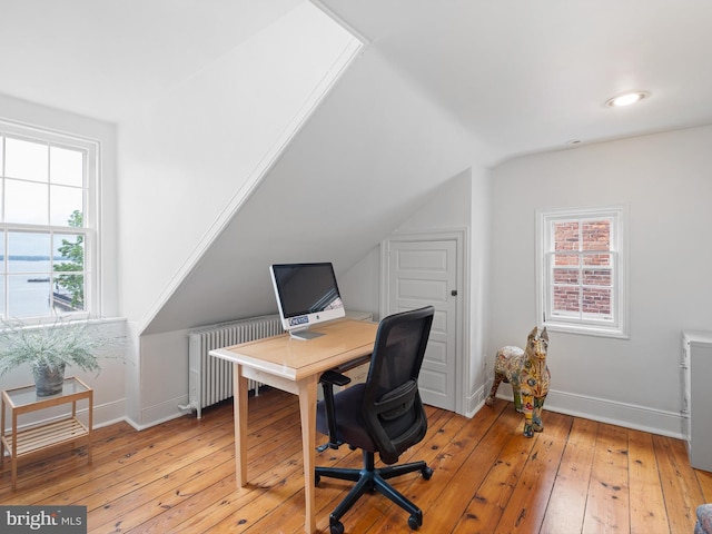 13 The Strand, New Castle, DE 19720 - office area with radiator, vaulted ceiling, light wood-style floors, and baseboards