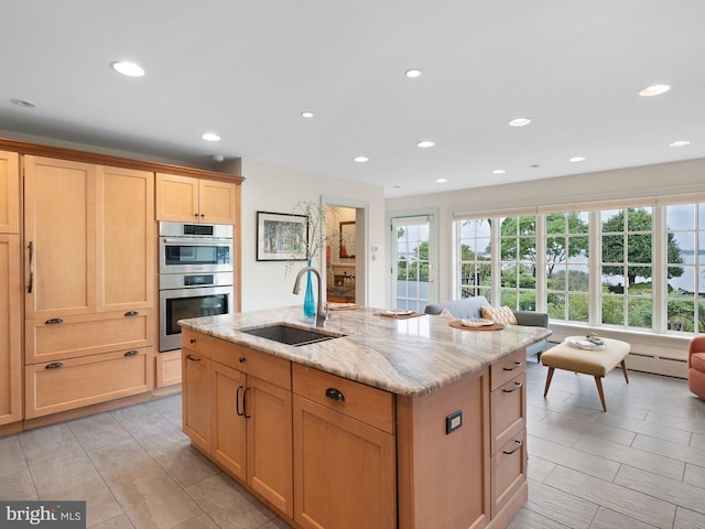 13 The Strand, New Castle, DE 19720 - kitchen with a sink, healthy amount of natural light, stainless steel double oven, light stone countertops, and recessed lighting