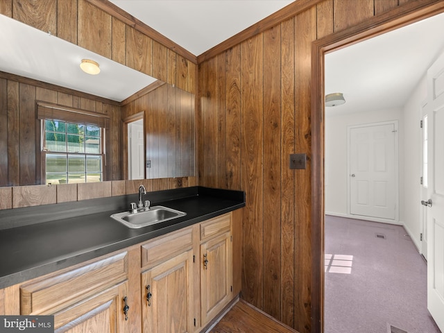 222 Springloch Rd, Silver Spring, MD 20904 - kitchen with a sink, dark countertops, wooden walls, and brown cabinetry