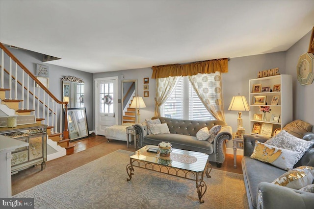 living room with stairs