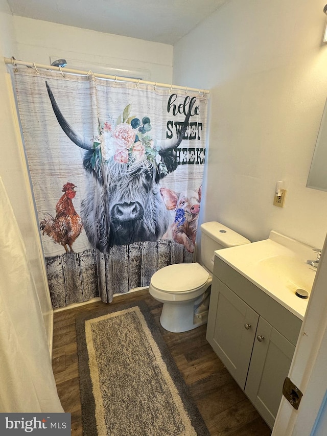873 Delray Rd, Augusta, WV 26704 - full bathroom featuring toilet, curtained shower, wood finished floors, and vanity
