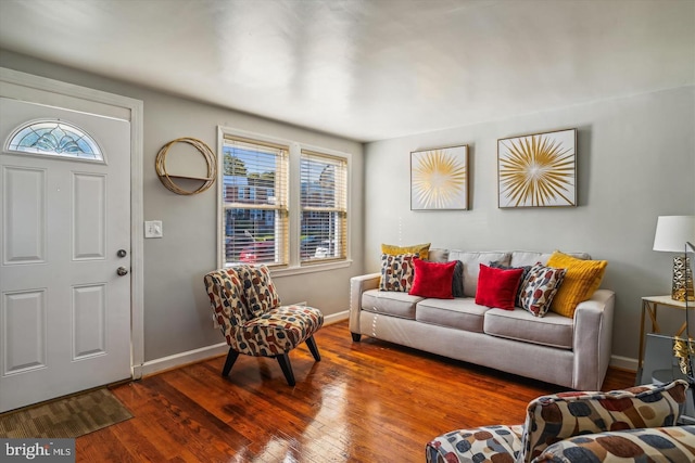 living room featuring baseboards, a healthy amount of sunlight, and wood finished floors