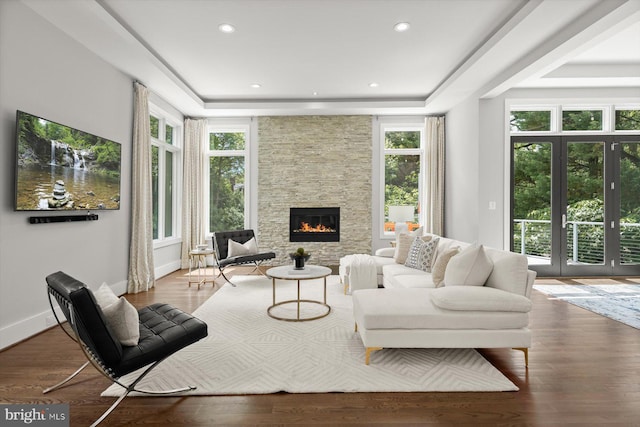 4012 N Upland St, Arlington, VA 22207 - living room featuring plenty of natural light, a raised ceiling, a stone fireplace, wood finished floors, and recessed lighting