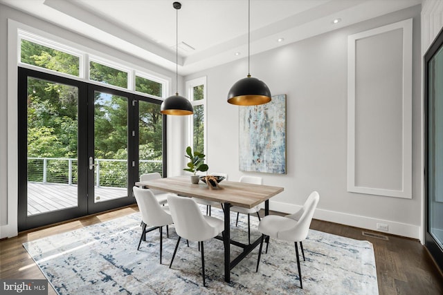 4012 N Upland St, Arlington, VA 22207 - dining room featuring french doors, baseboards, dark wood-style floors, a tray ceiling, and recessed lighting