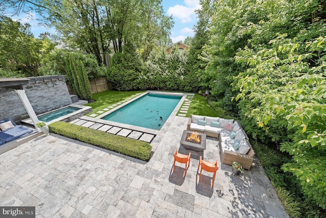 4012 N Upland St, Arlington, VA 22207 - view of swimming pool featuring a patio, an outdoor living space with a fire pit, and a fenced backyard