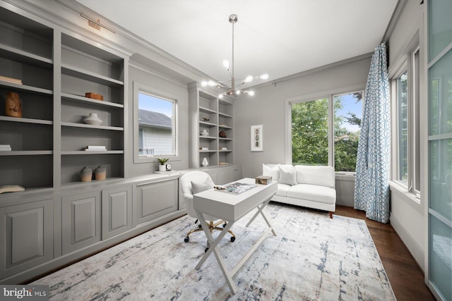 4012 N Upland St, Arlington, VA 22207 - home office with dark wood-type flooring, built in shelves, and ornamental molding