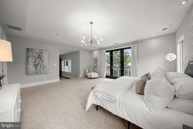 4012 N Upland St, Arlington, VA 22207 - bedroom featuring a chandelier, access to exterior, carpet floors, baseboards, and recessed lighting