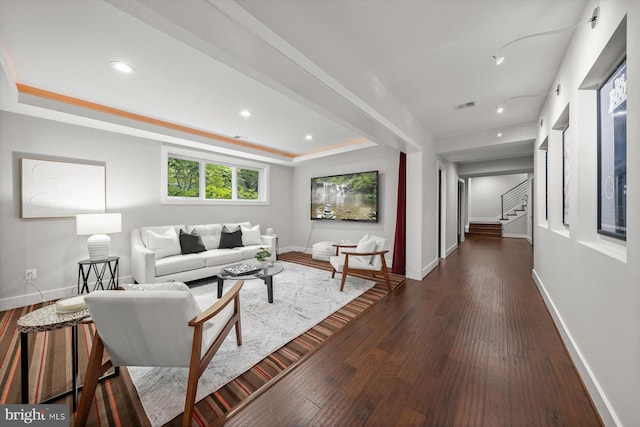 4012 N Upland St, Arlington, VA 22207 - living area featuring stairway, baseboards, dark wood finished floors, a raised ceiling, and recessed lighting