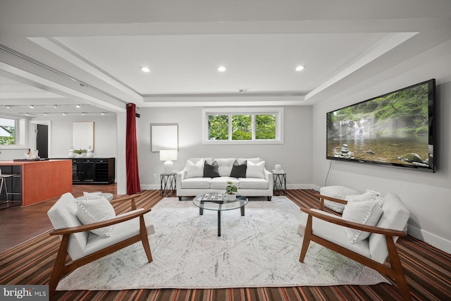 4012 N Upland St, Arlington, VA 22207 - living room featuring a raised ceiling, baseboards, dark wood-style flooring, and recessed lighting
