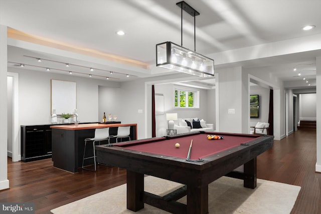 4012 N Upland St, Arlington, VA 22207 - game room with bar with sink, billiards table, dark wood-style flooring, and recessed lighting