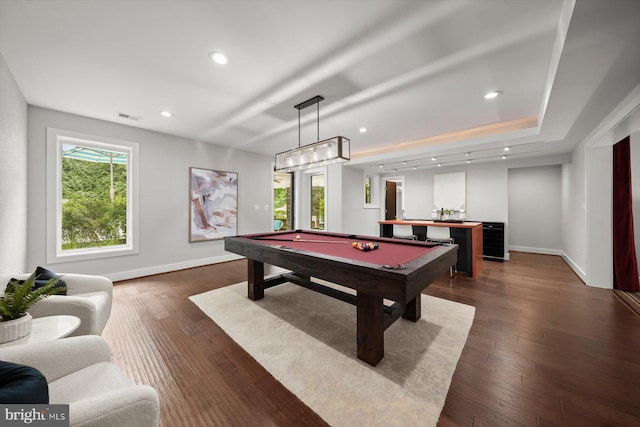 4012 N Upland St, Arlington, VA 22207 - game room featuring bar area, baseboards, pool table, dark wood-style flooring, and recessed lighting