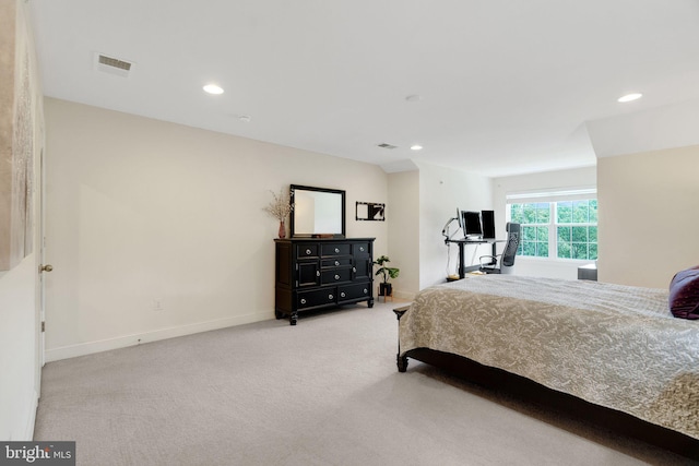 bedroom with carpet, recessed lighting, and baseboards