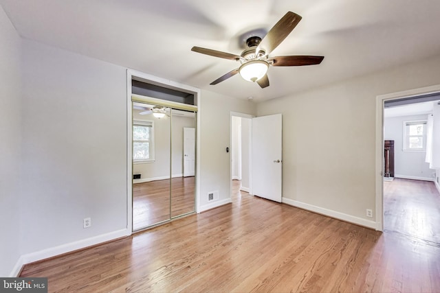 4611 Powder Mill Rd, Beltsville, MD 20705 - unfurnished bedroom featuring a ceiling fan, a closet, baseboards, visible vents, and light wood-style floors