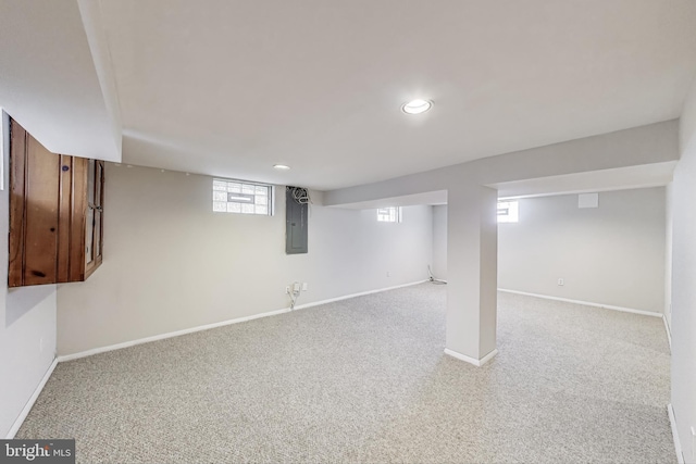 4611 Powder Mill Rd, Beltsville, MD 20705 - basement with electric panel, light colored carpet, baseboards, and recessed lighting