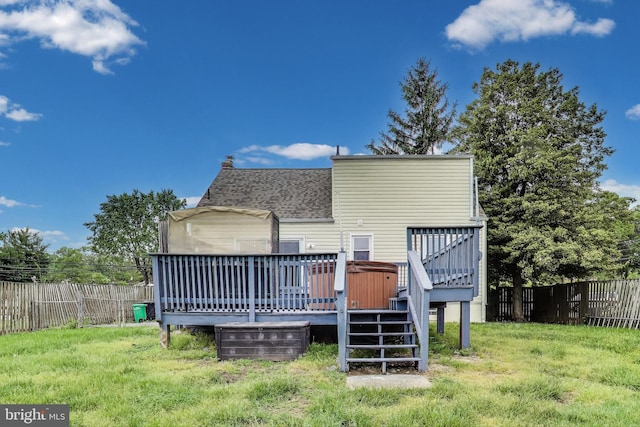 4611 Powder Mill Rd, Beltsville, MD 20705 - back of house with roof with shingles, a deck, stairs, a fenced backyard, and a chimney