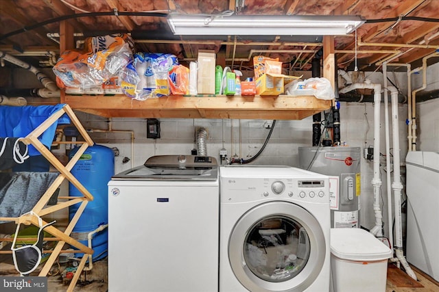 laundry room featuring electric water heater and washing machine and clothes dryer