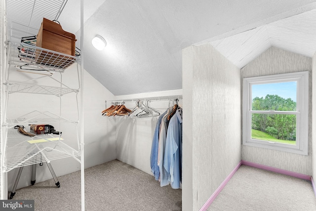 spacious closet with vaulted ceiling and carpet flooring