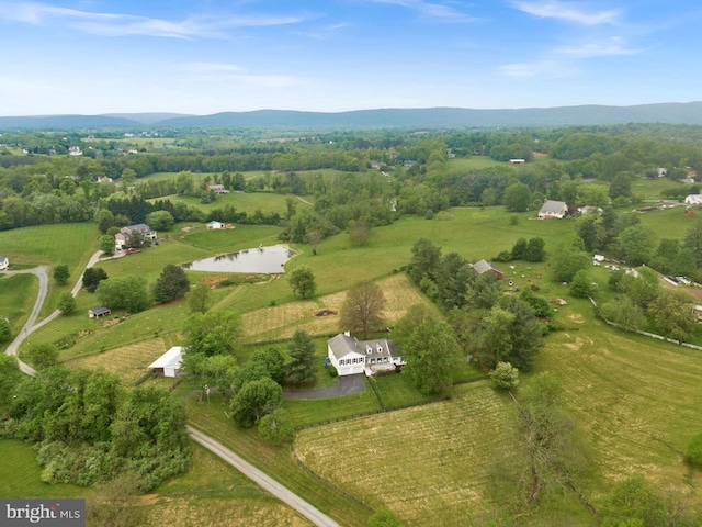 view of property location with rural landscape and a water and mountain view