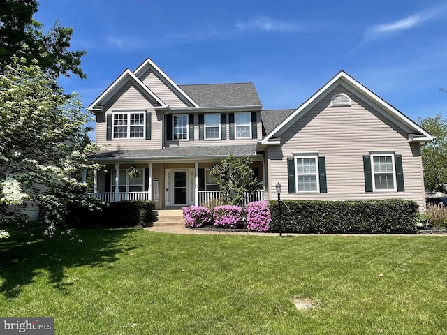 view of front of home featuring covered porch, roof with shingles, and a front yard