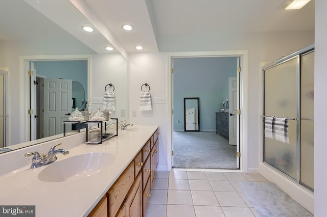 2969 Hearthside Ln, Lancaster, PA 17601 - full bathroom featuring recessed lighting, a shower stall, tile patterned flooring, double vanity, and baseboards