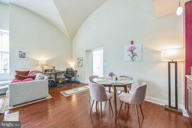 1 Academy Cir Unit 201, Philadelphia, PA 19146 - dining area featuring wood finished floors, high vaulted ceiling, and baseboards