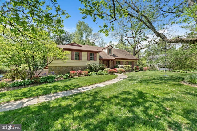 split level home featuring stone siding and a front lawn