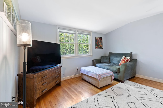 living area featuring wood finished floors, baseboards, and vaulted ceiling