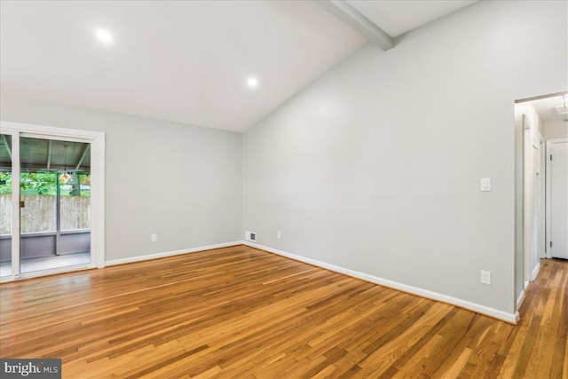 unfurnished room featuring light wood-style flooring, lofted ceiling with beams, visible vents, baseboards, and recessed lighting