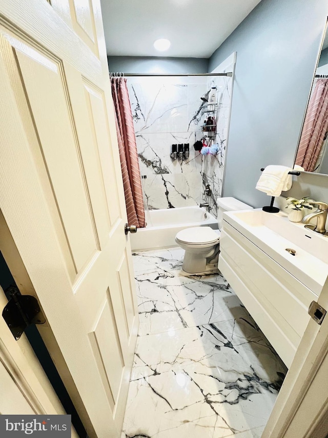1241 Ridge Rd, Feasterville Trevose, PA 19053 - bathroom with toilet, marble finish floor, vanity, and shower / bathtub combination with curtain