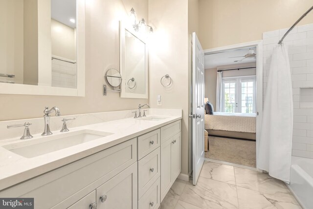 23 Arch Pl Unit 475, Gaithersburg, MD 20878 - full bath with marble finish floors, double vanity, shower / bathtub combination with curtain, and ensuite bath
