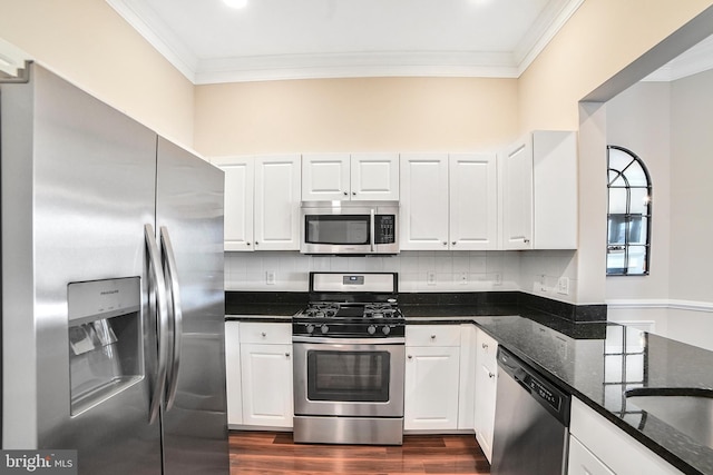 23 Arch Pl Unit 475, Gaithersburg, MD 20878 - kitchen featuring appliances with stainless steel finishes, ornamental molding, white cabinets, and dark wood-type flooring