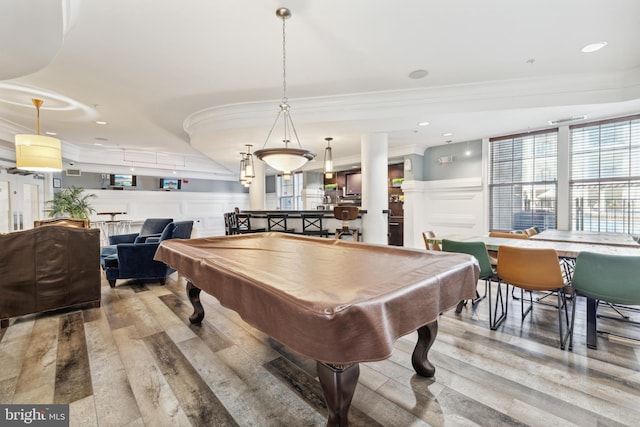 23 Arch Pl Unit 475, Gaithersburg, MD 20878 - game room featuring crown molding, wood finished floors, billiards table, a wainscoted wall, and a decorative wall