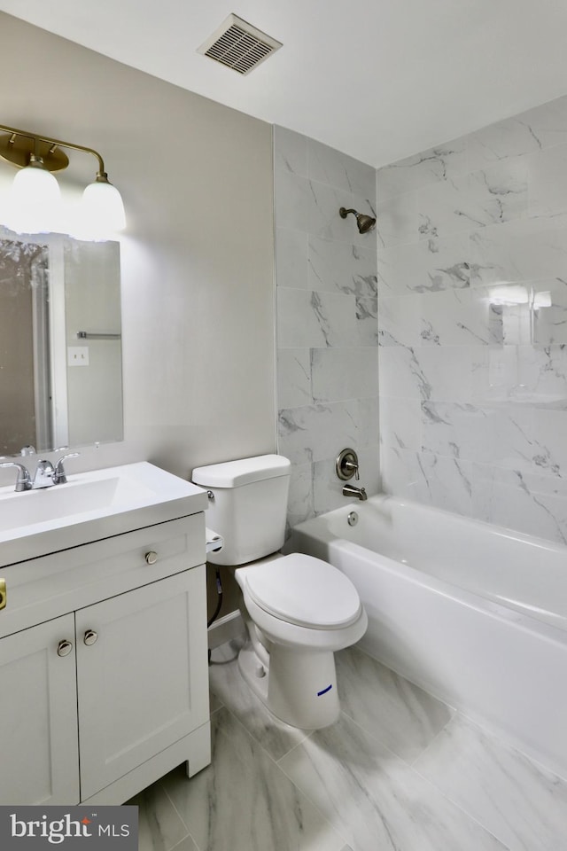 bathroom featuring toilet, shower / bath combination, visible vents, marble finish floor, and vanity
